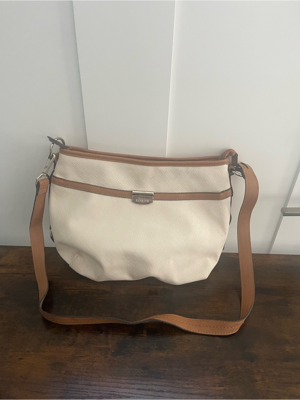 Rosetti Cream Crossbody with Tan Trim and Adjustable Strap